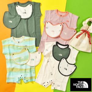 ネコポス発送！送料無料 3点セット ノースフェイス ベビー 子供 THE NORTH FACE ロンパース 2P ビブ スタイ ギフト 巾着 キッズ NTB12567｜Ray Green