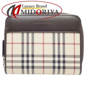 BURBERRY バーバリー ラウンドファスナーミニウォレット 二つ折り財布 キャンバスxレザー  ベージュ ダークブラウン/180022【中古】｜phasemidoriya78