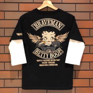 BETTY BOOP x THE BRAVEMAN ベティちゃん フェイクレイヤード 六分 袖 Tシャツ 黒 × 白｜phnagamachi