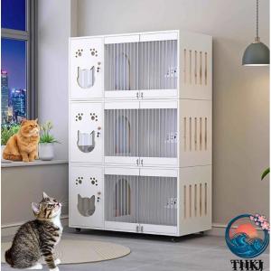 木製＆キャスター付き キャットケージ 猫用ケージ 脱走防止 ねこゲージ 大きめ室内用 子猫用にも最適ステップ 横扉 多頭飼い 組み立て簡単 ねこ移動便利