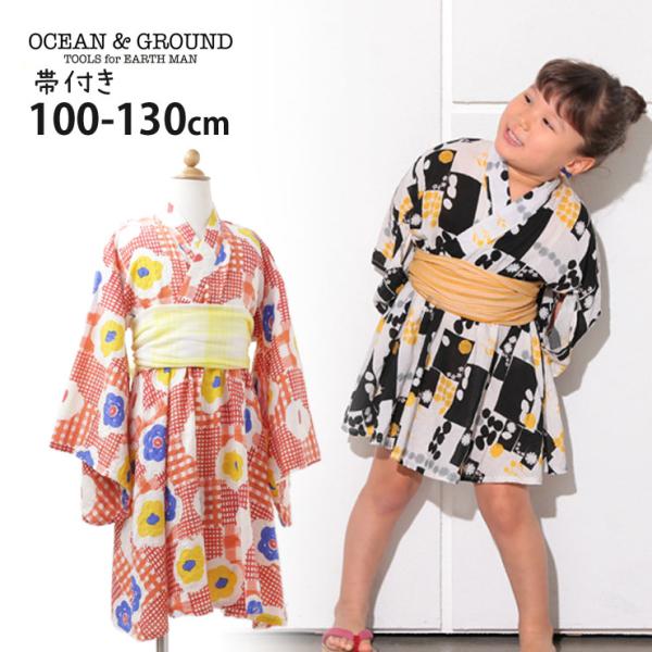 OCEAN&amp;GROUND オーシャンアンドグラウンド 浴衣ワンピース 帯付き 2柄 お花 フラワー ...