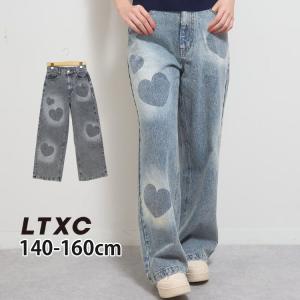 Lovetoxic ジュニア デニムワイドパンツ ロングパンツ ハートモチーフ スプレーデザイン 前ポケット付き 女の子 綿100% 長ズボン LTXC ラブトキシック 7761115
