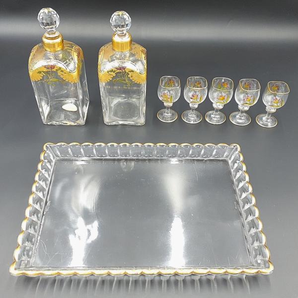 アンティーク ガラス食器 リキュールセット 花柄絵付 トレー×1 デカンタ×2 グラス×5 セット ...