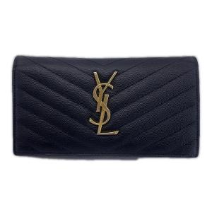 イヴ・サンローラン 長財布 カサンドラ 403924 YSL フラップ レザー ブラック 箱・布袋付 YVES SAINT LAURENT 中古 ◆2008