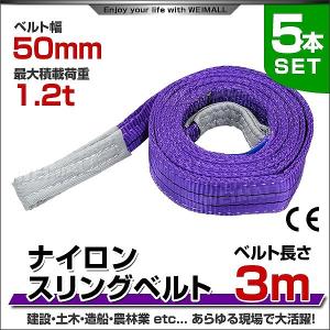 スリングベルト 3m 5本セット ナイロンスリング 耐荷1200kg 50mm×3m ベルトスリング 運搬用スリング 吊具｜pickupplazashop