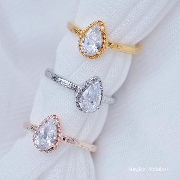 ハワイアンジュエリー ペアシェイプストーン リング サージカルステンレス316L キュービックジルコ...
