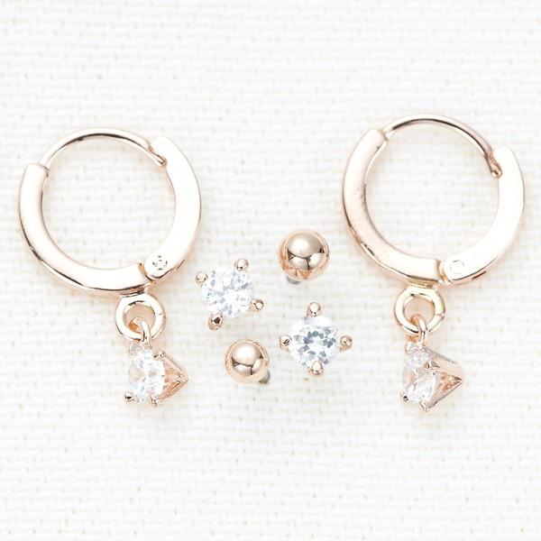 フープピアス スタッドピアスセット キュービックジルコニア ストーンフリンジミニフープ ストーンペア...