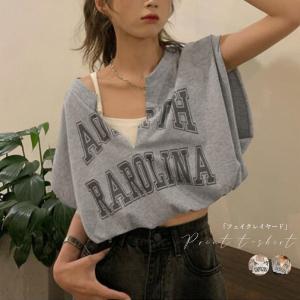 Tシャツ レディース 春夏 半袖 キャミソール Vネック ショート丈 へそ出し 綿 英字ロゴ おしゃれ 白｜piena