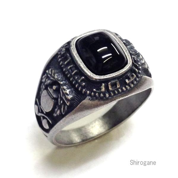 オニキスリング 指輪 レディース メンズ 日本製 銀古美 サイドに紋章をあしらったアンティーク調 ゴ...