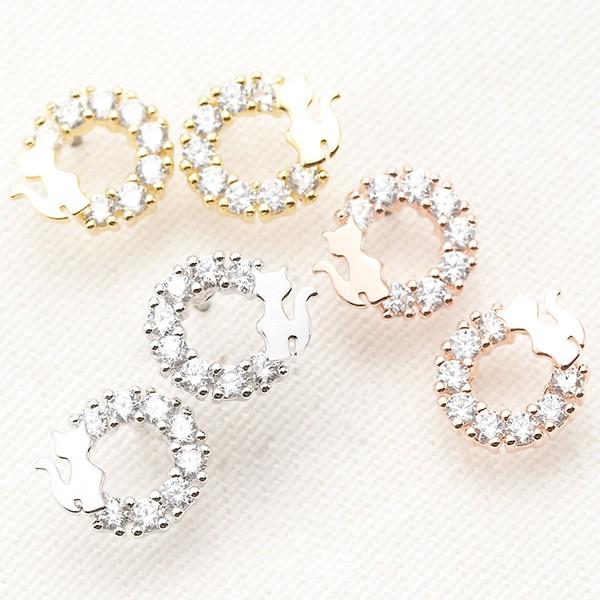 ピアス レディース スタッド ネコ 猫 お座り キュービックジルコニア ラウンド 円 丸 チタン製ポ...