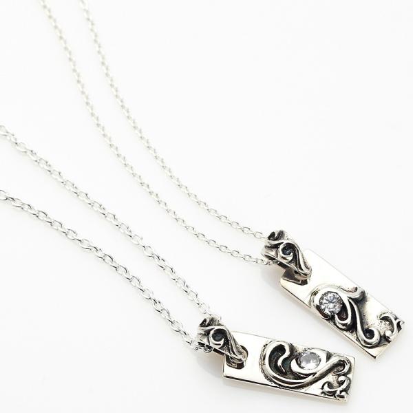 アラベスクハートのプレートペアネックレスセット キュービックジルコニア CZ スクエア形プレート 爆...