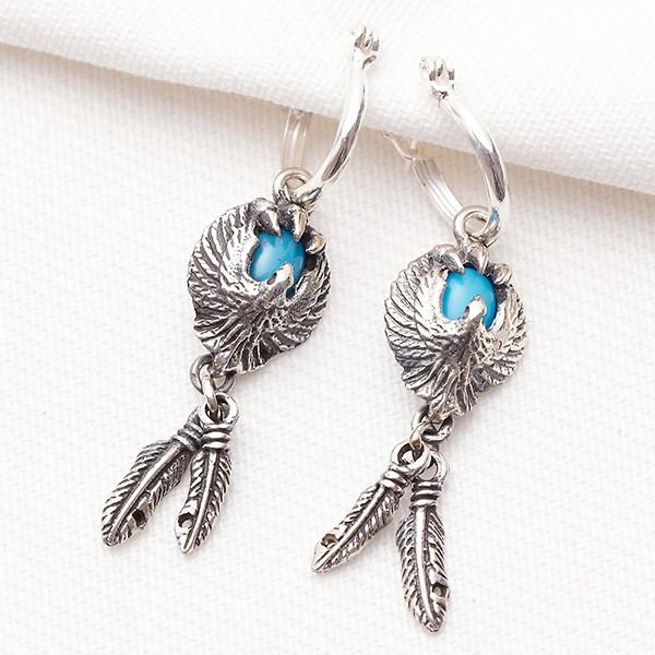 フープピアス メンズピアス ターコイズ フェザーフリンジ 羽 ネリターコイズ トルコ石 爆買