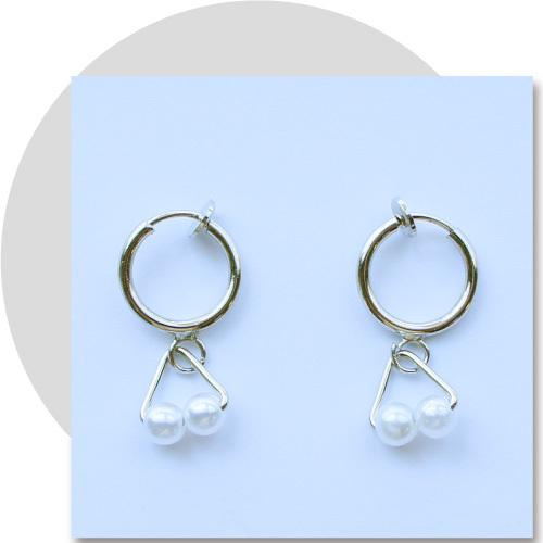 パール真珠色ツインビーズ銀色フープイヤリング　PL2205S2HRG