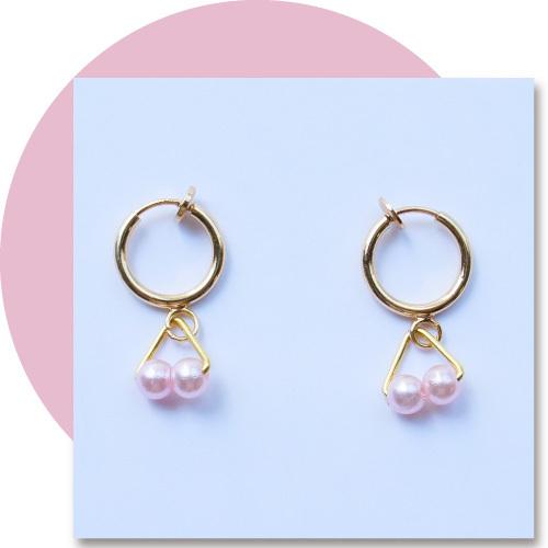 パールピンク真珠桃色ツインビーズ金色フープイヤリング　PP2205S2HRG