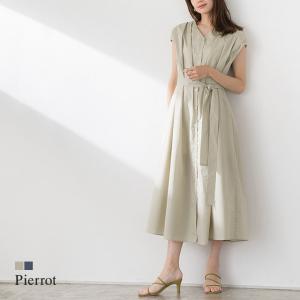 (2409在庫0 カテ移動＆倉庫)ワンピース フレンチスリーブ タック ロング 綿100 コットン フレア ベルト付き ベージュ ネイビー 上品 夏