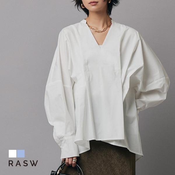 ブラウス トップス デザイン ウエストタック ボリューム袖 Vネック 長袖 RASW レディース