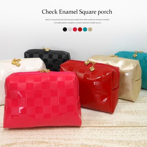 ポーチ チェック エナメル スクエア コスメポーチ 化粧品入れ かわいい 可愛い シンプル ギフト ...