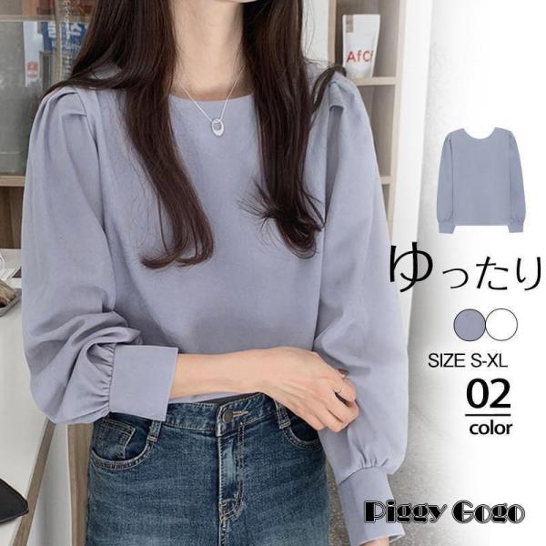 ブラウス レディース シャツ 長袖 オフィス シフォン クルーネック ゆったり パフスリーブ 無地 ...