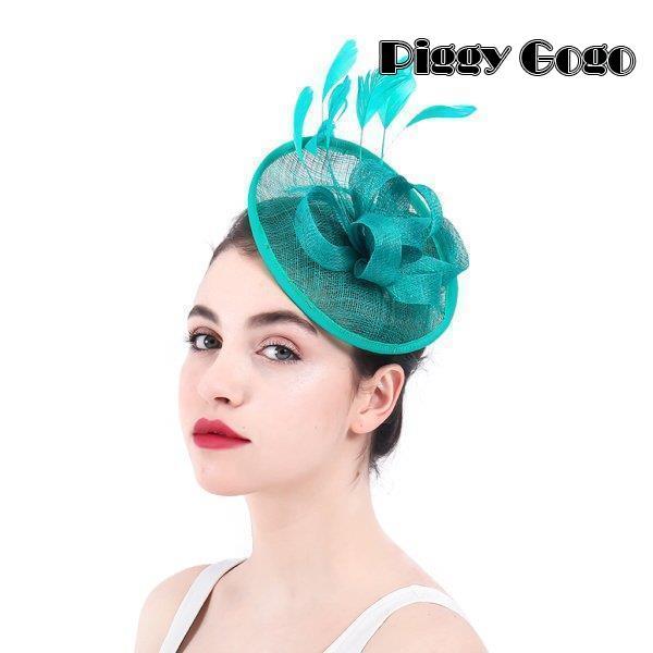 女性フェザーsinamay魅惑的な人種結婚式のダービーヘッドバンド帽子深い青