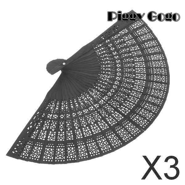 3xVintage Wood Hollow Carved HandFan折りたたみ式ファン-ブラック