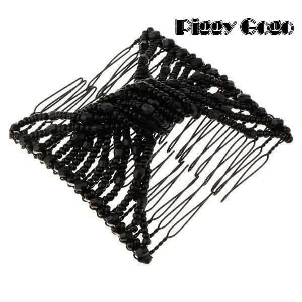 ストレッチコームビーズヘアピンボウヘアヘッドコームカフダブルクリップ - ブラック