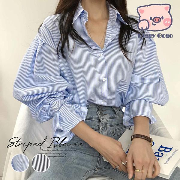 ストライプ ブラウス ボリューム袖