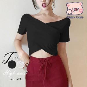 Tシャツ Vネック トップス レディース ヘソ出し 無地 肩だし ショート丈 トップス 半袖｜piggygogo