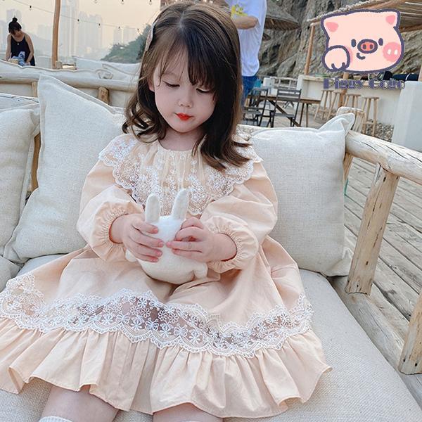 子供服 ワンピース ピンク 韓国子供服 キッズ 女の子 長袖ワンピース レース 春服 子供ドレス ベ...