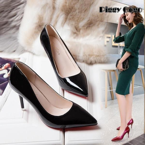 パンプス ハイヒール ポインテッドトゥ エナメル レディース 美脚 カラー ピンヒール ヒール7cm...