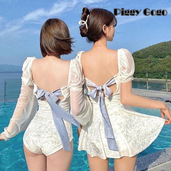 水着 レディース 体型カバー 水着ワンピース型 白レース リボン サロペット水着 半袖/長袖 モノキ...