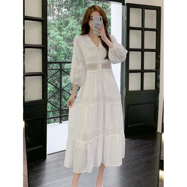 ワンピース レディース 40代 きれいめ膝丈ワンピース 春夏新作 半袖ワンピース 白レース シフォン...