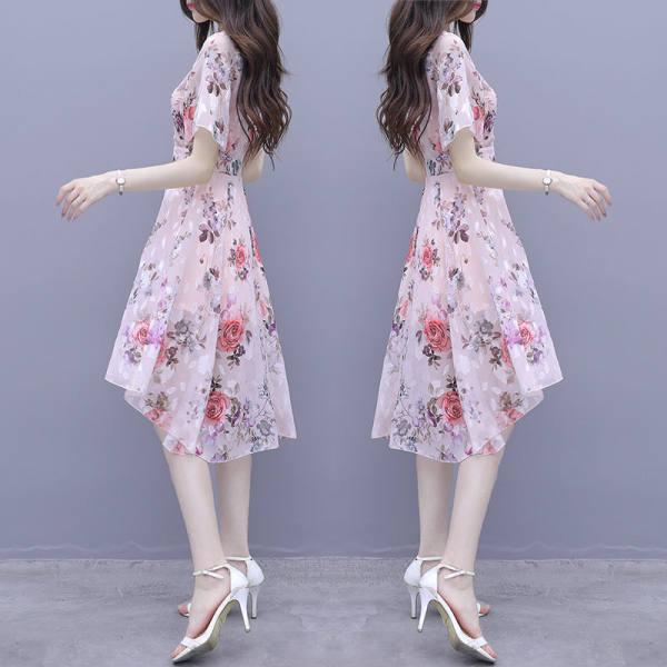 ワンピース レディース 40代 きれいめ 膝丈ワンピース 春夏 半袖ワンピース 花柄シフォン  フレ...