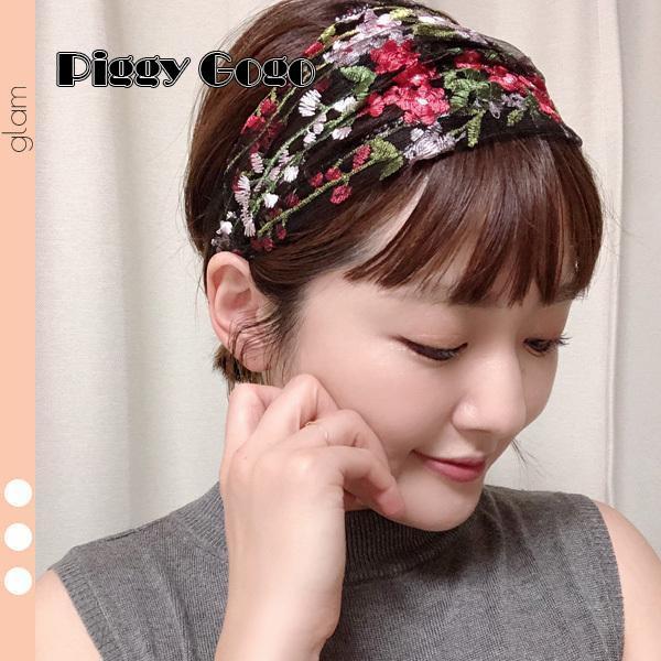 花柄 フラワー レース 透け ヘアバンド ターバン ボタニカル ブラック ホワイト ブルー ピンク ...