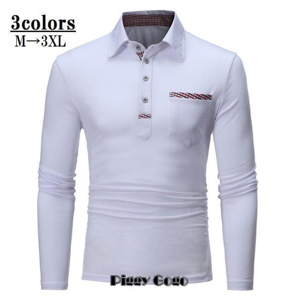 長袖ポロシャツ メンズ トップス プルオーバー 襟付き 角襟 4つボタン 左胸ポケット チェック 格...