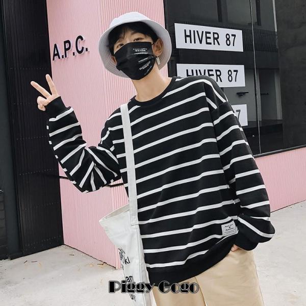 トレーナー トップス 長袖 プルダウン ラウンドネック ルーズボーダー柄 秋 冬  トレンド カジュ...