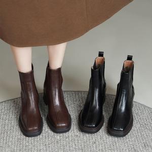 レディース ショートブーツ 本革 サイドジップ 厚底 太ヒール 6cm 美脚