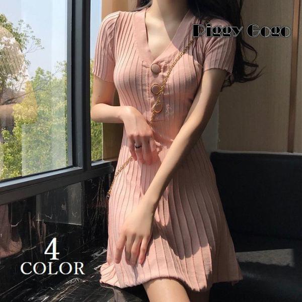 ワンピース サマーニット レディース 半袖 ミニ ショート丈 リブ 薄手 春夏 Aライン スリム  ...