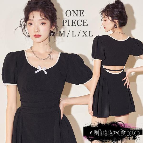 水着  夏 レディース ワンピース  体型カバー ワンピース  春水着  バックオープン ブラック ...