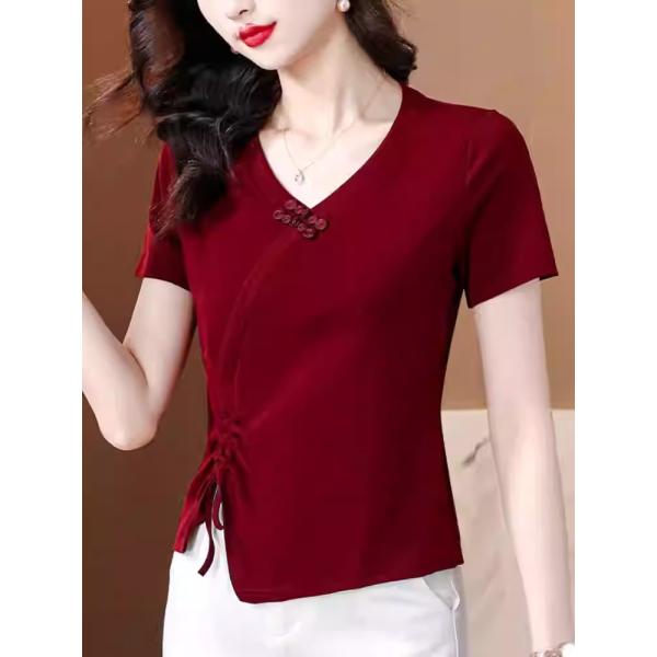 Tシャツ 夏 40代 50代 半袖 vネック レディース 夏Tシャツ 着痩せ チャイナ風 ドローコー...