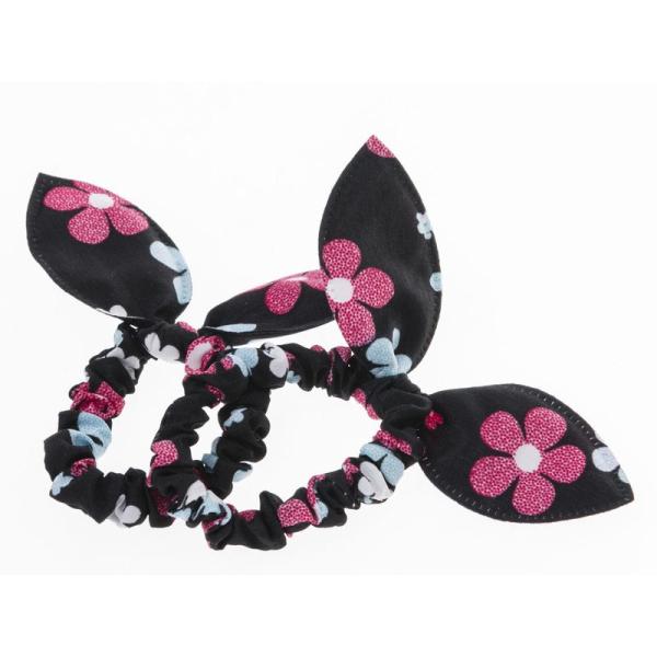 リボン ウサ耳風 ヘアゴム 髪飾 アクセサリー 3個入#ブラックフラワー