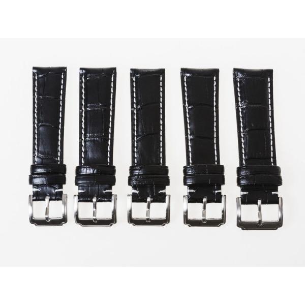 汎用 腕時計 交換用 艶消し 本革 ワニ革風 バンド ベルト 線入り 黒地×白い縫い目#19mm