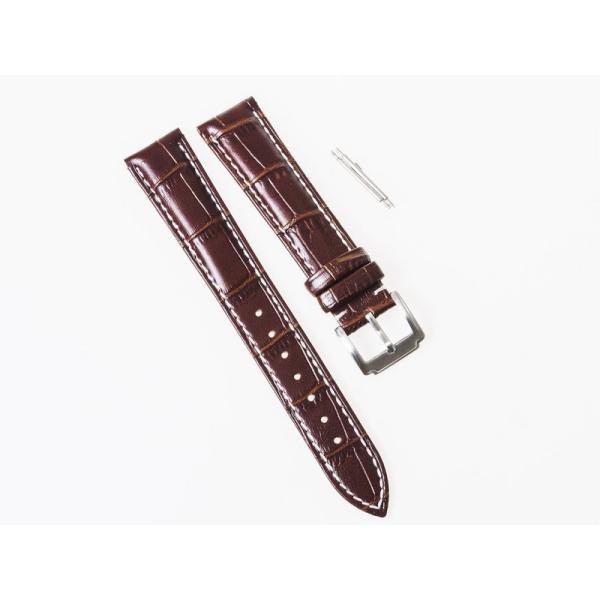 汎用 腕時計 交換用 艶消し 本革 ワニ革風 バンド ベルト 線入り 茶色地×白い縫い目#18mm