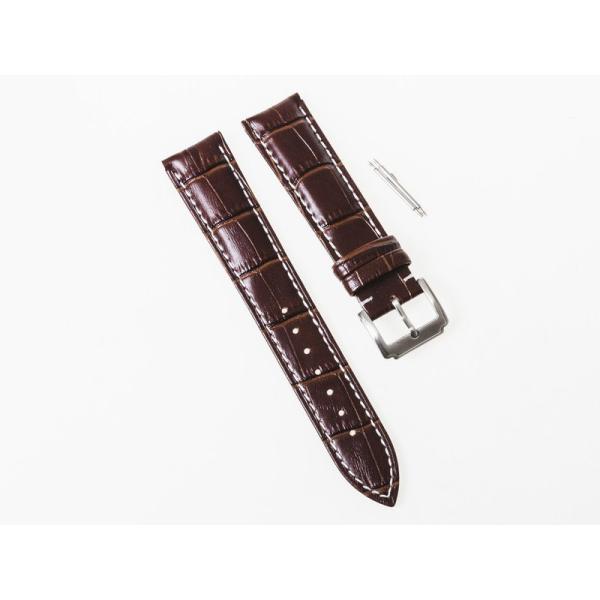 汎用 腕時計 交換用 艶消し 本革 ワニ革風 バンド ベルト 線入り 茶色地×白い縫い目#21mm