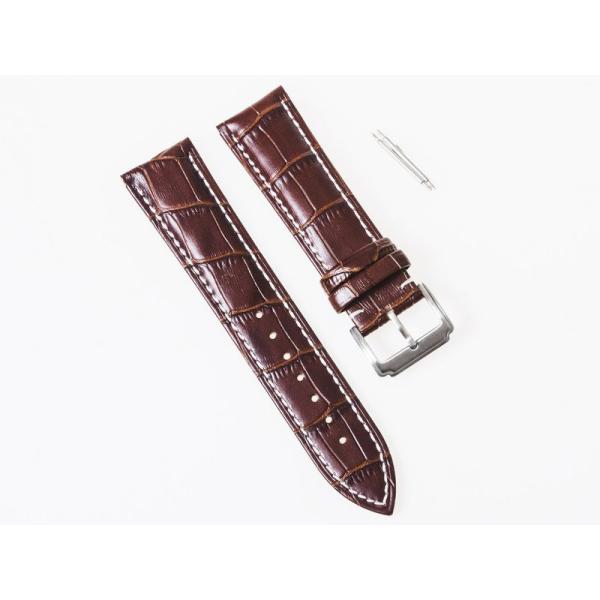 汎用 腕時計 交換用 艶消し 本革 ワニ革風 バンド ベルト 線入り 茶色地×白い縫い目#22mm