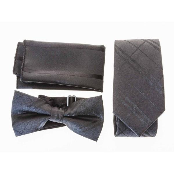メンズファッション ビジネス カジュアル ネクタイ×蝶ネクタイ×ポケットチーフ セット#黒地 チェッ...