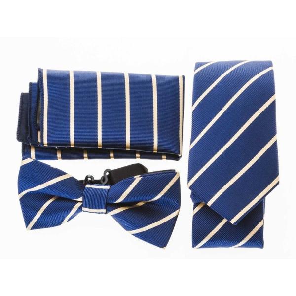 メンズファッション ビジネス カジュアル ネクタイ×蝶ネクタイ×ポケットチーフ セット#青 縞柄