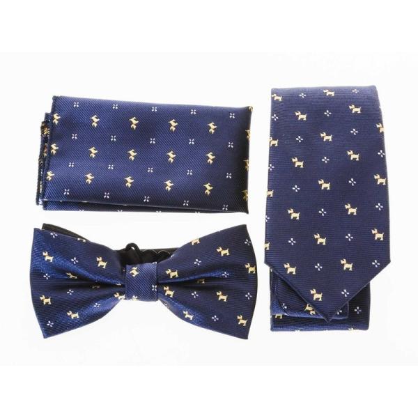 メンズファッション ビジネス カジュアル ネクタイ×蝶ネクタイ×ポケットチーフ セット#青 ワンちゃ...