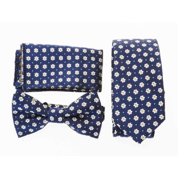 メンズファッション ビジネス カジュアル ネクタイ×蝶ネクタイ×ポケットチーフ セット#青 花柄C
