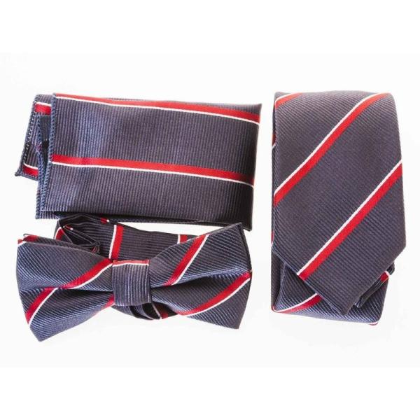 メンズファッション ビジネス カジュアル ネクタイ×蝶ネクタイ×ポケットチーフ セット#赤×白×灰 ...