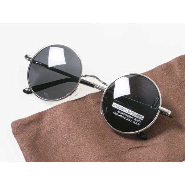 伊達メガネ 偏光サングラス 丸眼鏡 収納ポーチ付#シルバーフレーム+ブラックレンズ